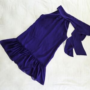 NWT Eliza J Tie‎ Neck Halter Chiffon Ruffle Mini Swing Trapeze Dress Purple 12